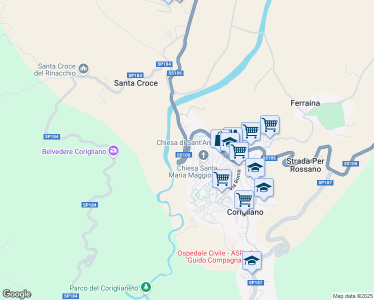 map of restaurants, bars, coffee shops, grocery stores, and more near 281 Strada Statale 106 Jonica in Corigliano Calabro