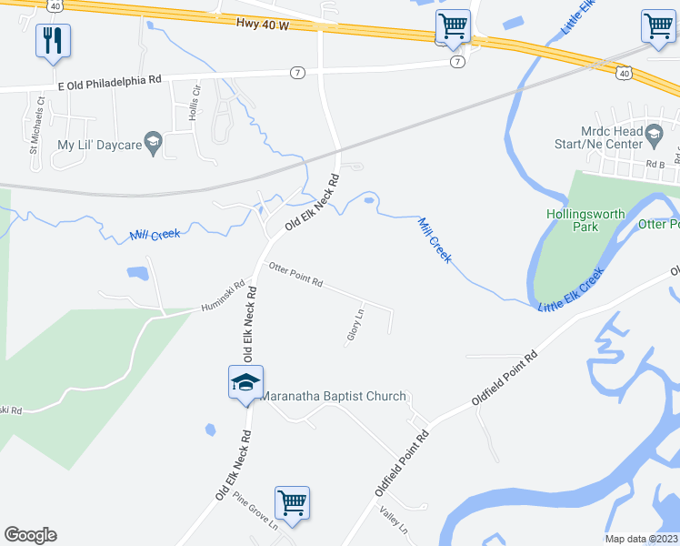 map of restaurants, bars, coffee shops, grocery stores, and more near 103 Otter Point Road in Elkton