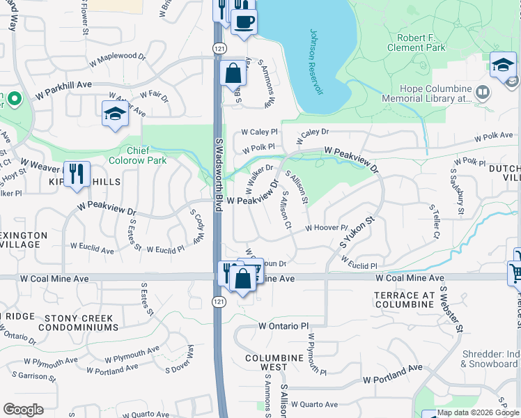 map of restaurants, bars, coffee shops, grocery stores, and more near 6517 S Ammons Ct in Littleton