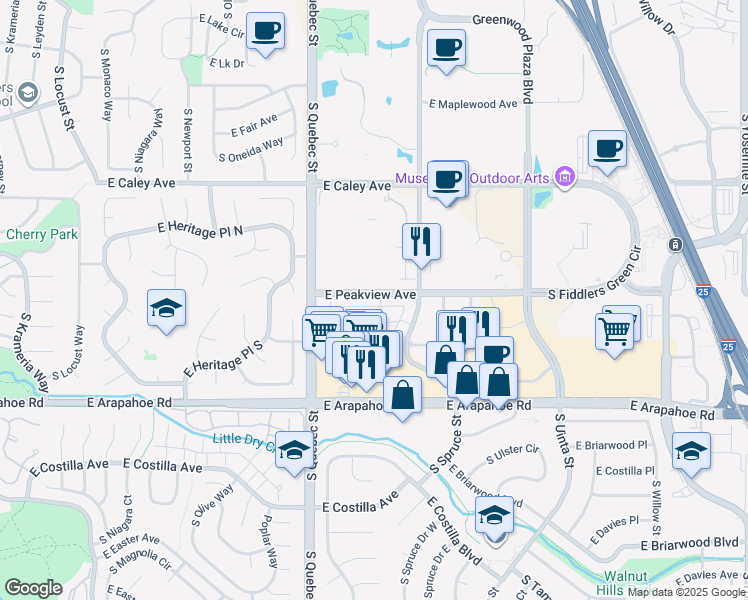 map of restaurants, bars, coffee shops, grocery stores, and more near 6565 South Syracuse Way in Centennial