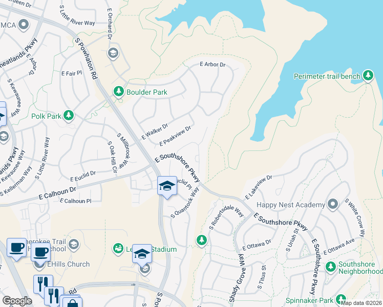 map of restaurants, bars, coffee shops, grocery stores, and more near 26622 East Peakview Place in Aurora