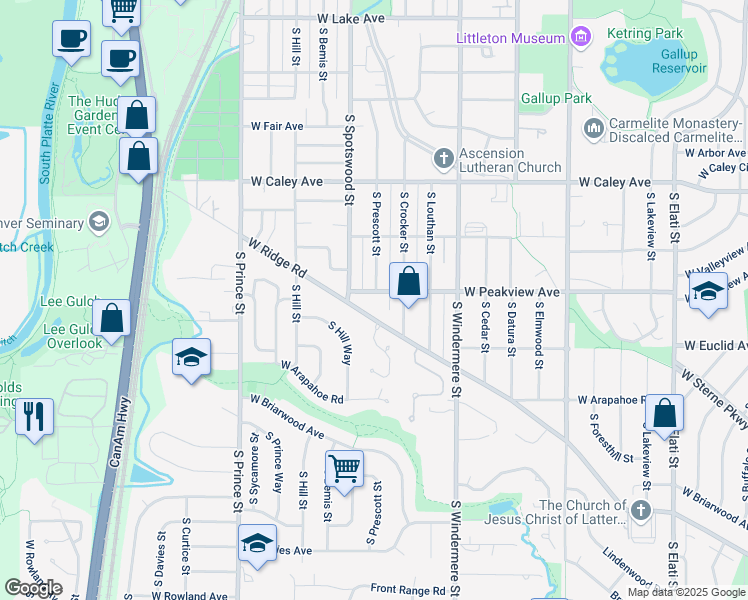 map of restaurants, bars, coffee shops, grocery stores, and more near 1916 West Peakview Avenue in Littleton