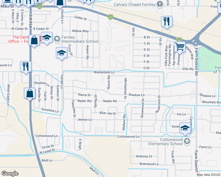 map of restaurants, bars, coffee shops, grocery stores, and more near 596 Ranch Road in Fernley