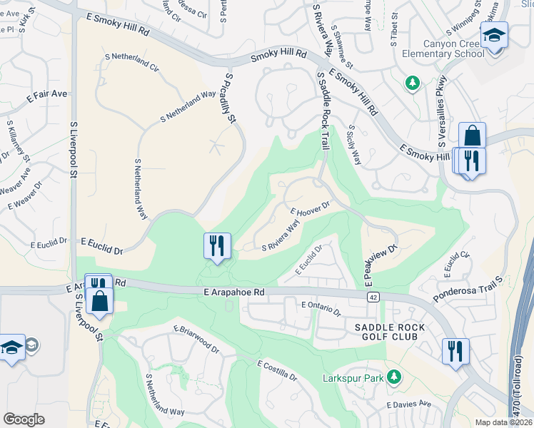 map of restaurants, bars, coffee shops, grocery stores, and more near 6533 South Quemoy Way in Aurora