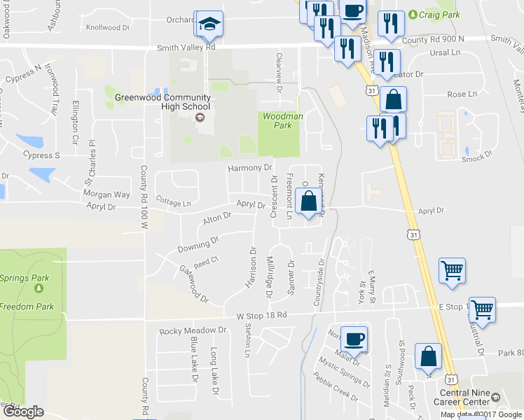 map of restaurants, bars, coffee shops, grocery stores, and more near 1321 Harrison Drive in Greenwood