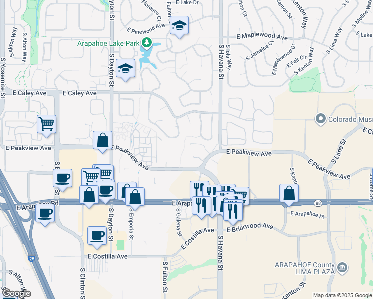 map of restaurants, bars, coffee shops, grocery stores, and more near 6483 East Peakview Avenue in Englewood
