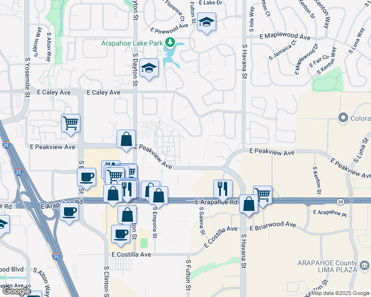 map of restaurants, bars, coffee shops, grocery stores, and more near 9959 East Peakview Avenue in Englewood