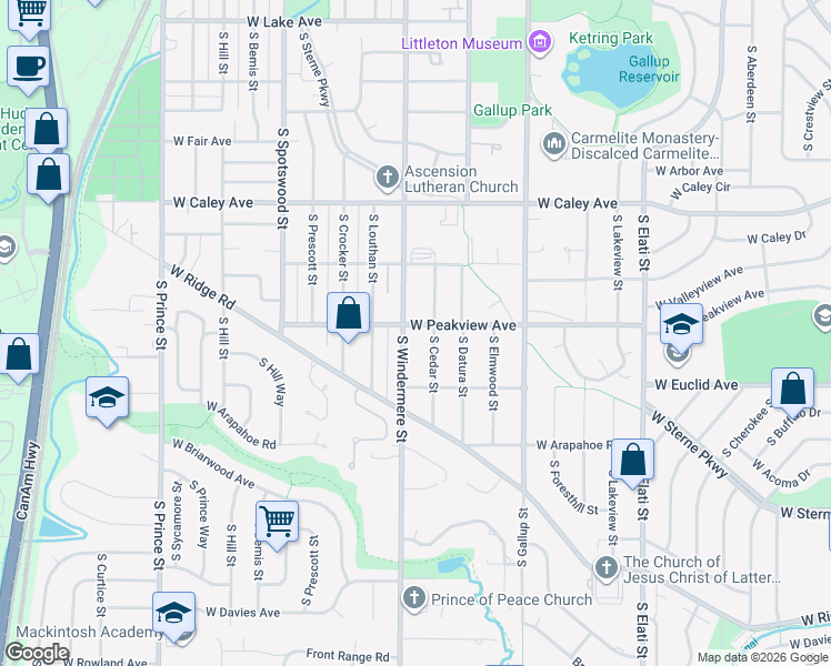 map of restaurants, bars, coffee shops, grocery stores, and more near 6511 South Cedar Street in Littleton