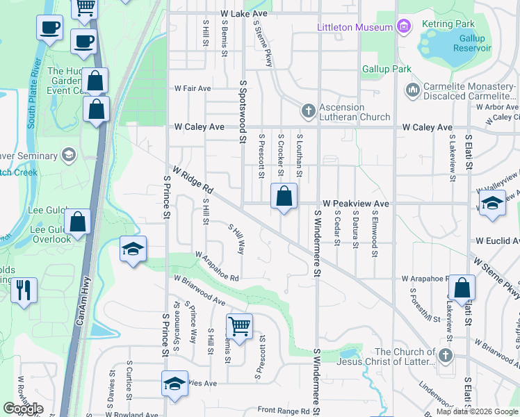 map of restaurants, bars, coffee shops, grocery stores, and more near 1916 West Peakview Avenue in Littleton