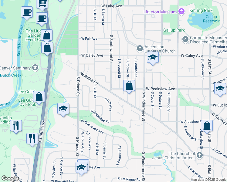map of restaurants, bars, coffee shops, grocery stores, and more near 2002 West Ridge Road in Littleton