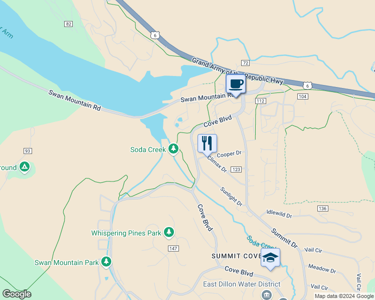 map of restaurants, bars, coffee shops, grocery stores, and more near 367 Cove Boulevard in Dillon