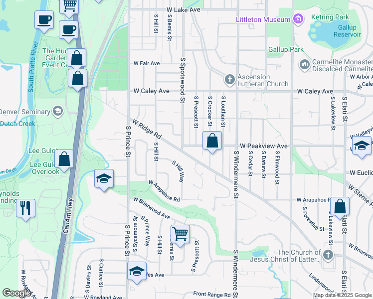 map of restaurants, bars, coffee shops, grocery stores, and more near 2002 West Ridge Road in Littleton