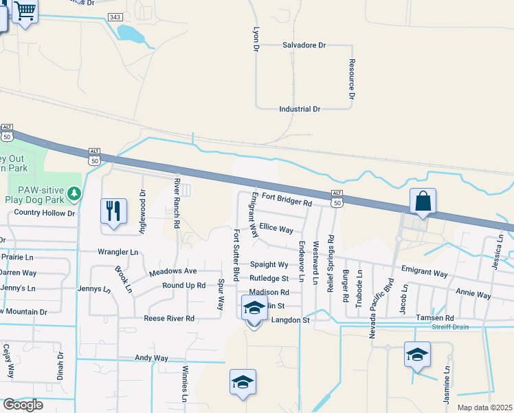 map of restaurants, bars, coffee shops, grocery stores, and more near 362 Emigrant Way in Fernley