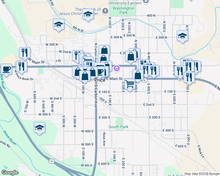 map of restaurants, bars, coffee shops, grocery stores, and more near 68 South 100 East in Price