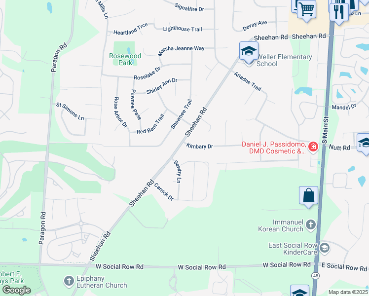 map of restaurants, bars, coffee shops, grocery stores, and more near 364 Kimbary Drive in Dayton