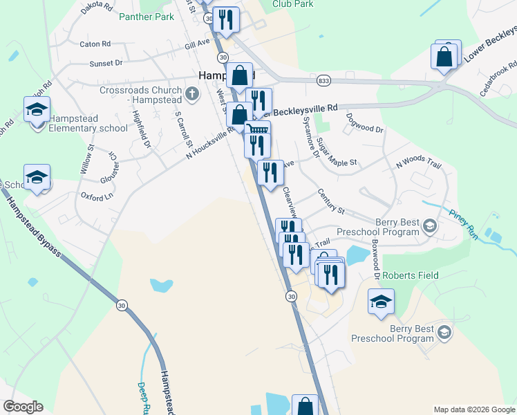 map of restaurants, bars, coffee shops, grocery stores, and more near 834 South Main Street in Hampstead