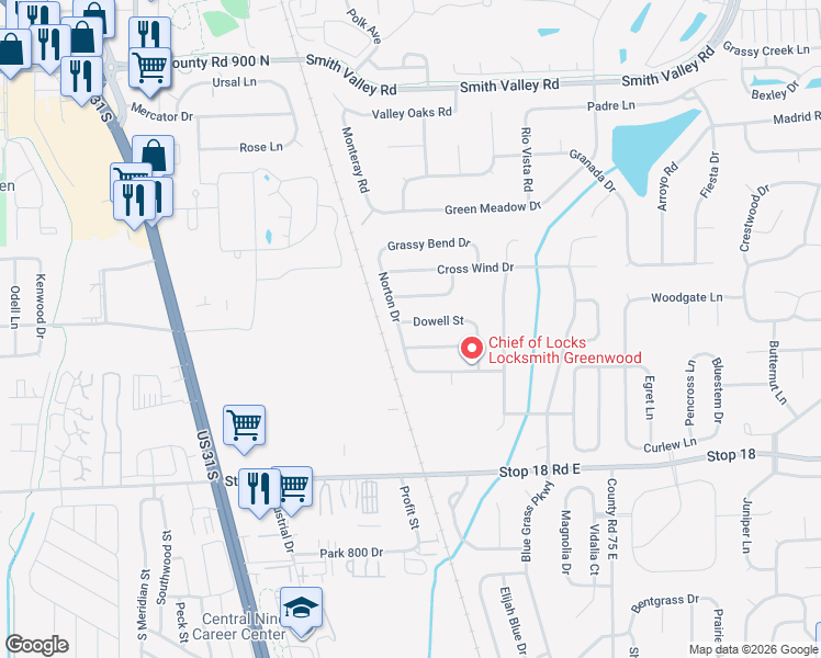 map of restaurants, bars, coffee shops, grocery stores, and more near 1412 Dowell Street in Greenwood