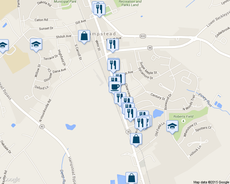 map of restaurants, bars, coffee shops, grocery stores, and more near 832 South Main Street in Hampstead