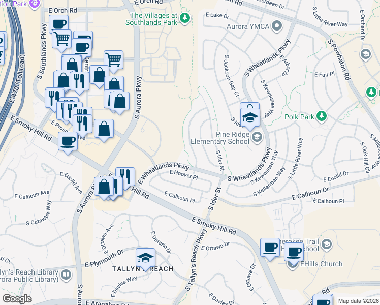 map of restaurants, bars, coffee shops, grocery stores, and more near 6515 South Harvest Street in Aurora