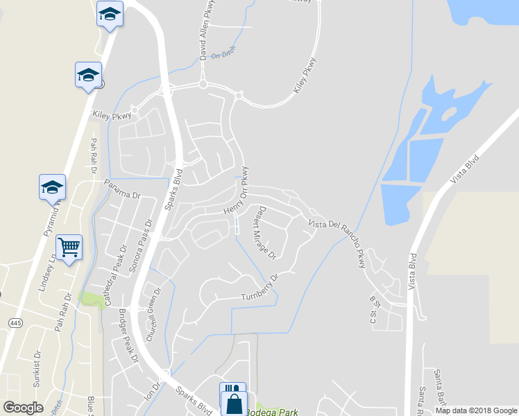 map of restaurants, bars, coffee shops, grocery stores, and more near 5871 Desert Mirage Drive in Sparks