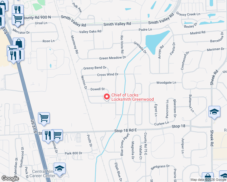 map of restaurants, bars, coffee shops, grocery stores, and more near 1424 Round Lake Road in Greenwood