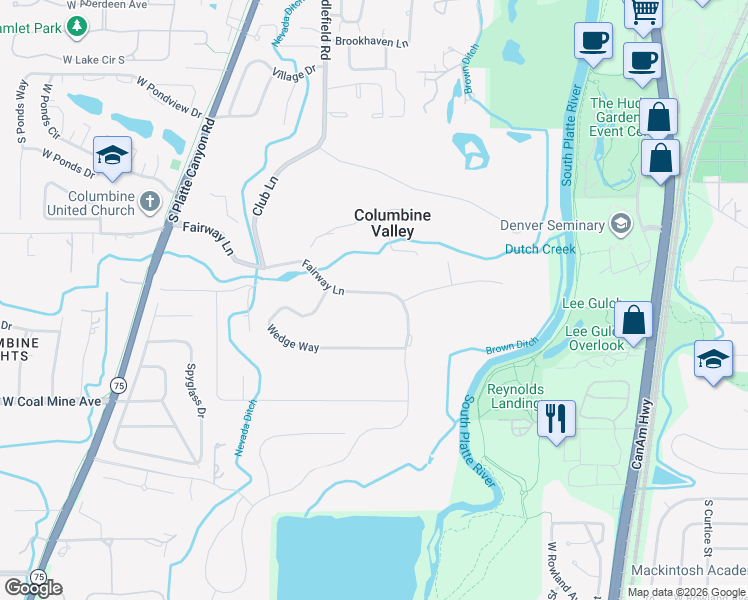map of restaurants, bars, coffee shops, grocery stores, and more near 26 Fairway Lane in Littleton