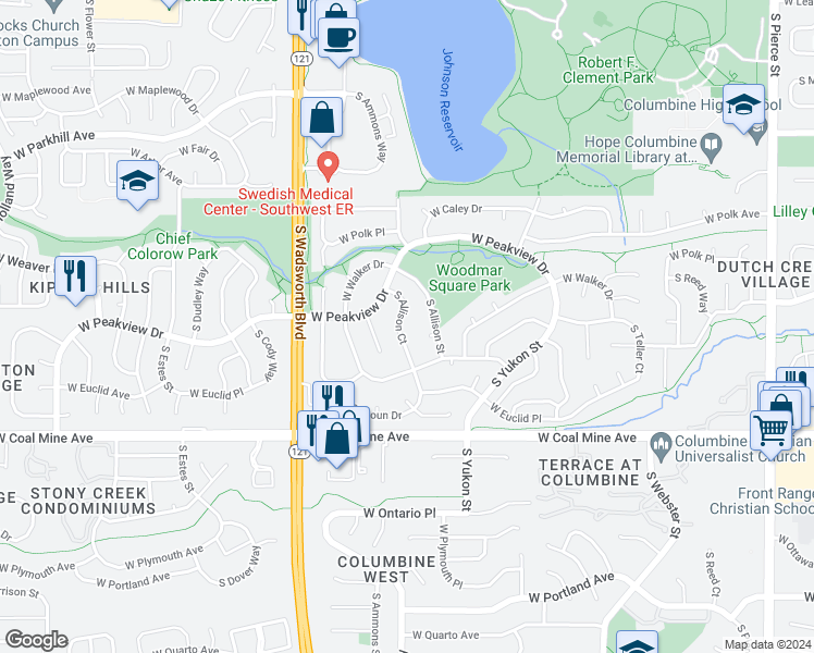 map of restaurants, bars, coffee shops, grocery stores, and more near 6538 S Allison Ct in Littleton