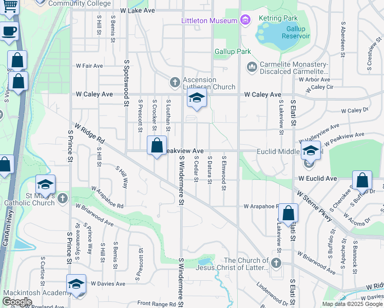 map of restaurants, bars, coffee shops, grocery stores, and more near 6511 South Cedar Street in Littleton
