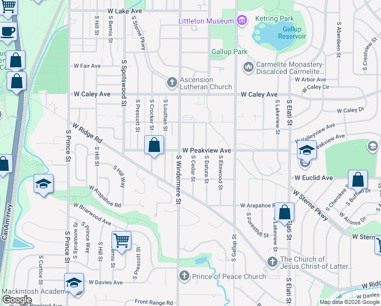 map of restaurants, bars, coffee shops, grocery stores, and more near 6511 South Cedar Street in Littleton