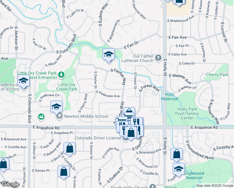 map of restaurants, bars, coffee shops, grocery stores, and more near 5039 East Peakview Avenue in Centennial