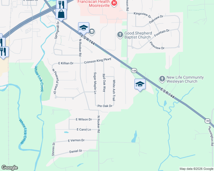 map of restaurants, bars, coffee shops, grocery stores, and more near 647 Red Oak Way in Mooresville