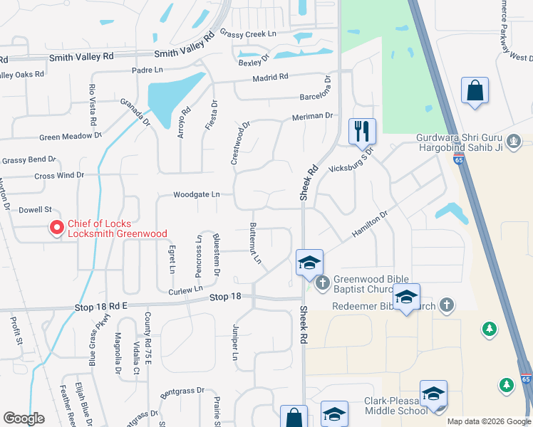 map of restaurants, bars, coffee shops, grocery stores, and more near 1077 Woodgate Boulevard in Greenwood