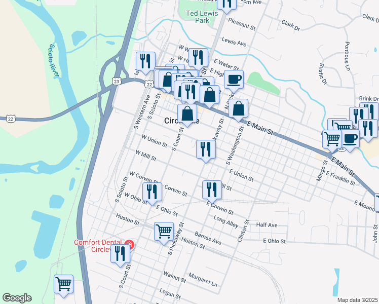 map of restaurants, bars, coffee shops, grocery stores, and more near 152 East Union Street in Circleville