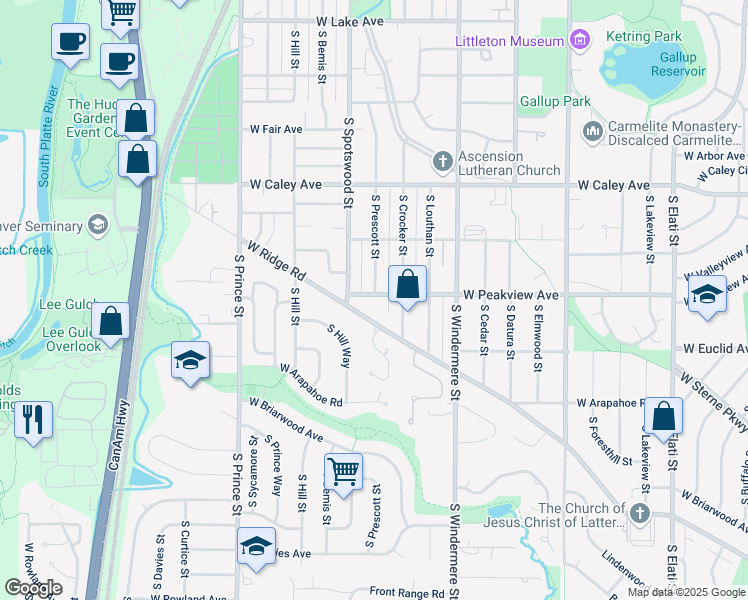 map of restaurants, bars, coffee shops, grocery stores, and more near 1916 West Peakview Avenue in Littleton