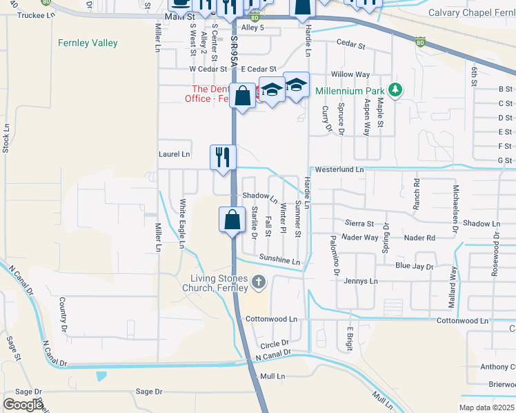 map of restaurants, bars, coffee shops, grocery stores, and more near 635 Starlite Drive in Fernley