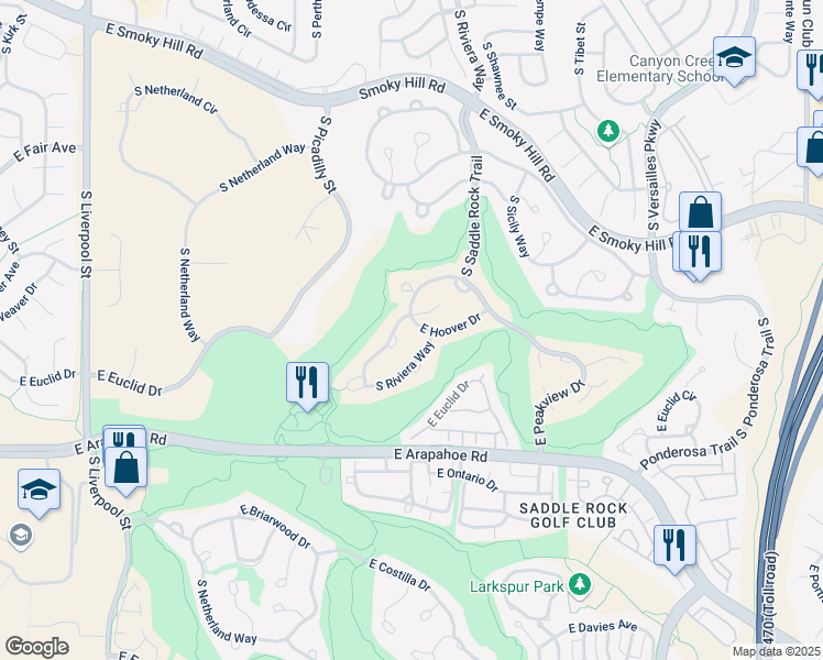 map of restaurants, bars, coffee shops, grocery stores, and more near 22046 East Hoover Drive in Aurora