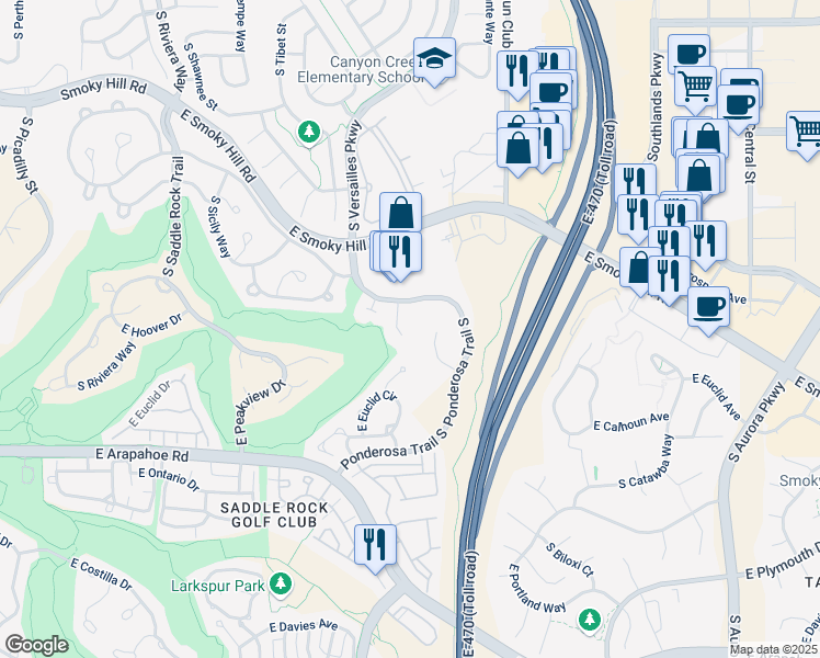 map of restaurants, bars, coffee shops, grocery stores, and more near 6515 South Wenatchee Court in Aurora