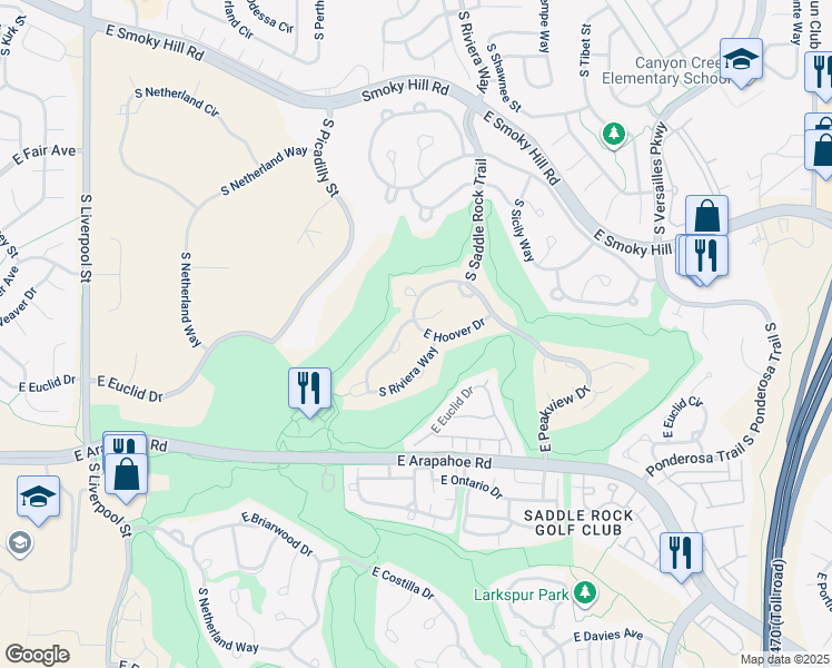 map of restaurants, bars, coffee shops, grocery stores, and more near 22046 East Hoover Drive in Aurora