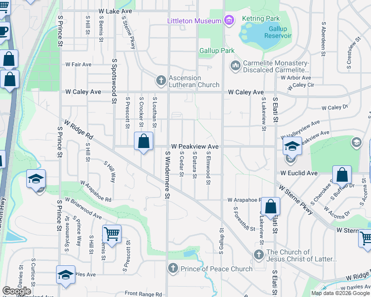 map of restaurants, bars, coffee shops, grocery stores, and more near 6511 South Cedar Street in Littleton