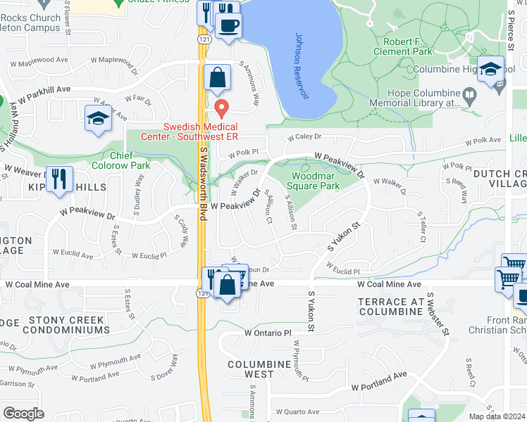 map of restaurants, bars, coffee shops, grocery stores, and more near 6538 South Allison Court in Littleton