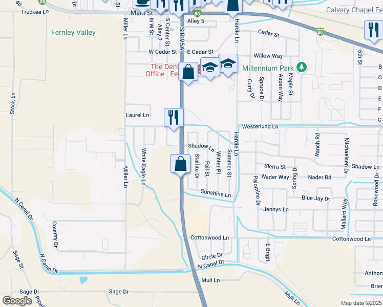map of restaurants, bars, coffee shops, grocery stores, and more near 640 Starlite Drive in Fernley