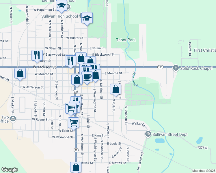 map of restaurants, bars, coffee shops, grocery stores, and more near 213 East Jefferson Street in Sullivan