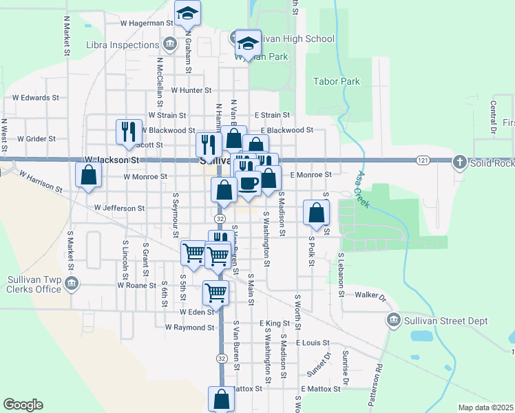 map of restaurants, bars, coffee shops, grocery stores, and more near in Sullivan