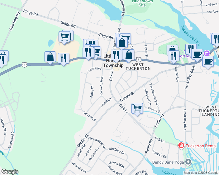 map of restaurants, bars, coffee shops, grocery stores, and more near 48 Oak Lane in Ocean County