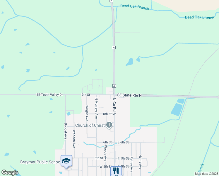 map of restaurants, bars, coffee shops, grocery stores, and more near 3975 State Route A in Braymer