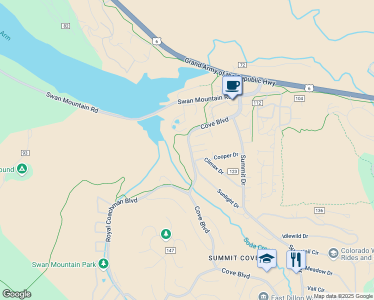 map of restaurants, bars, coffee shops, grocery stores, and more near 367 Cove Boulevard in Dillon
