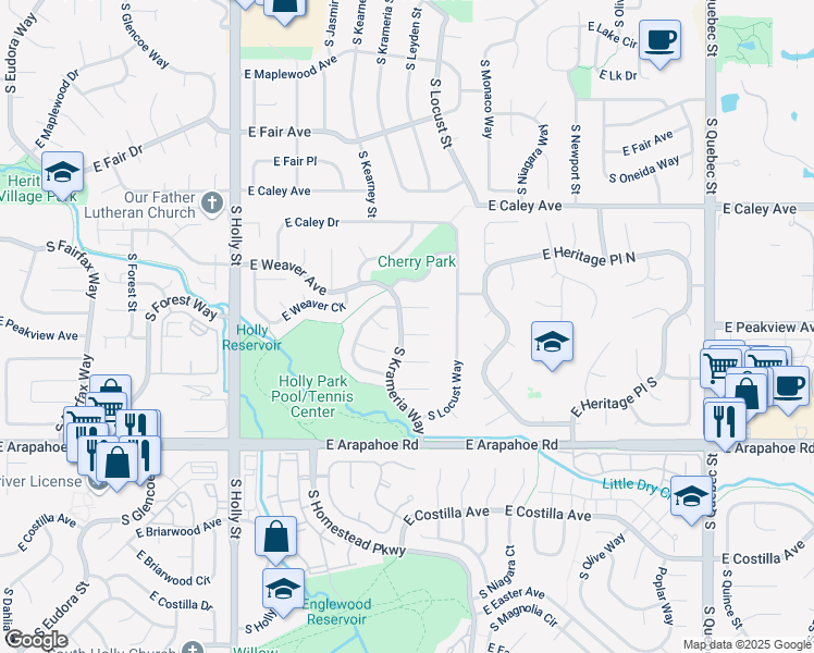 map of restaurants, bars, coffee shops, grocery stores, and more near 6205 East Peakview Place in Centennial