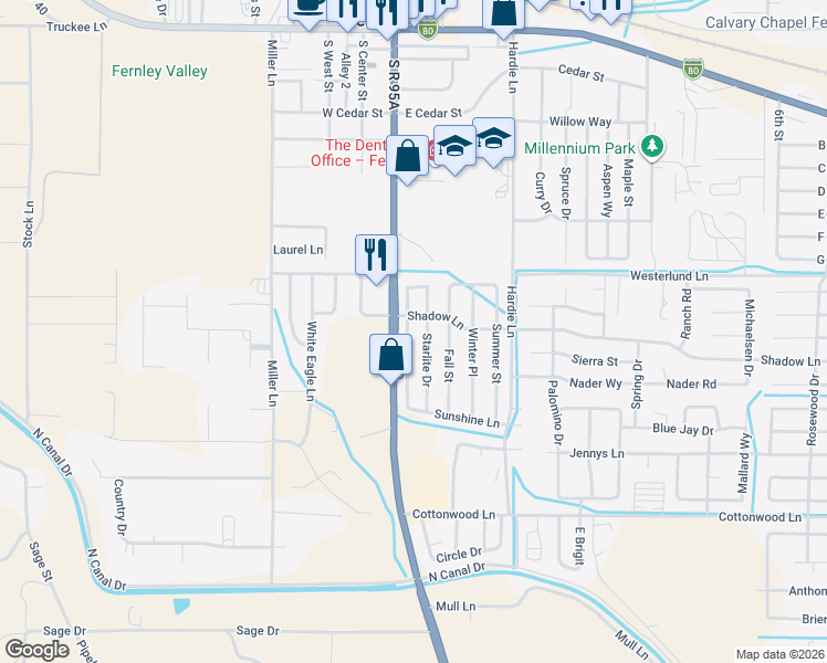map of restaurants, bars, coffee shops, grocery stores, and more near 625 Sunny Lane in Fernley