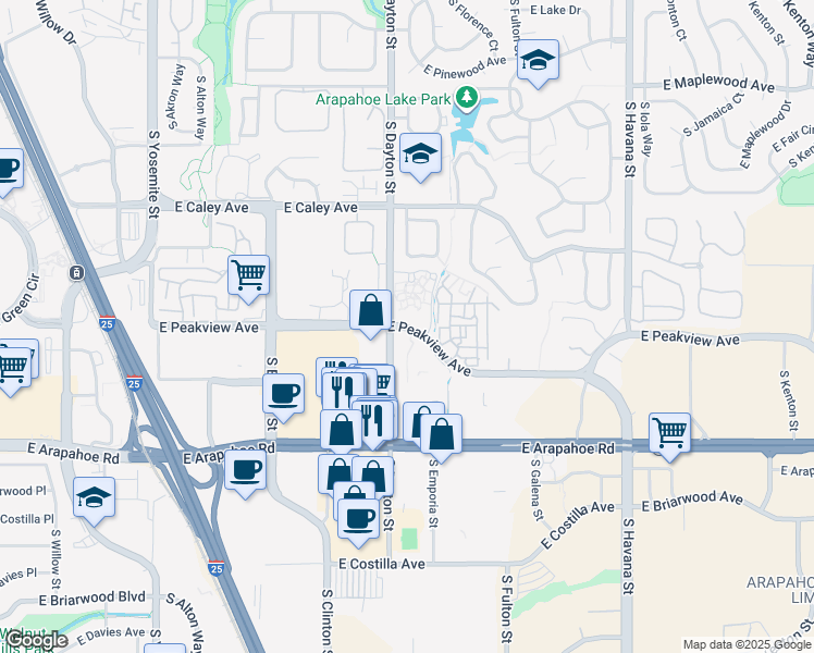 map of restaurants, bars, coffee shops, grocery stores, and more near 9807 East Peakview Avenue in Centennial
