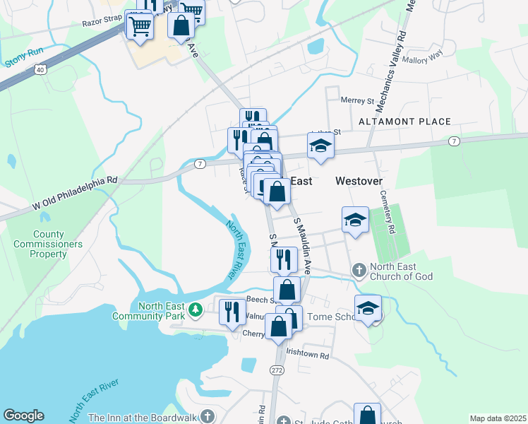 map of restaurants, bars, coffee shops, grocery stores, and more near 130 South Main Street in North East